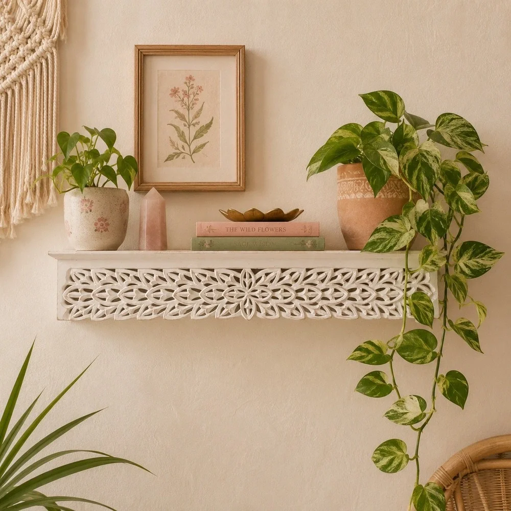 Vtg Wooden Wall Display Shelf flower floral carved Cottagecore Farmhouse Trinket